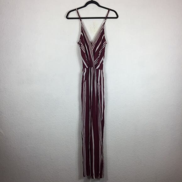 Flynn Skye Burgundy Stripe Wrap Spaghetti Boho Wide Leg Jumpsuit XS - Picture 3 of 12